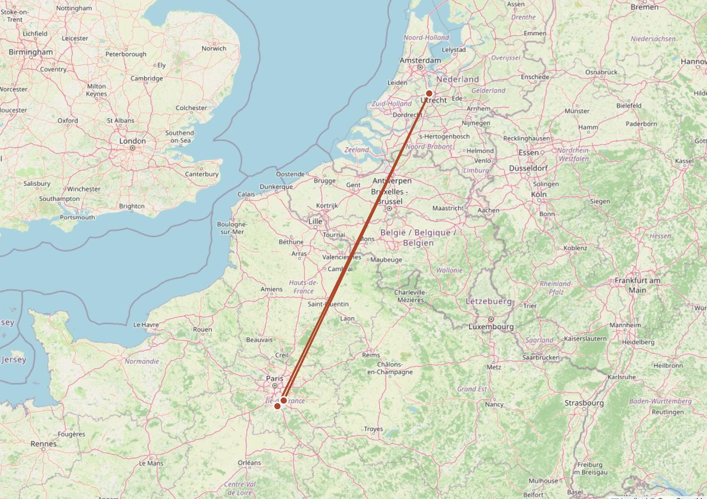 Paginavullende kaart met de route van Nederland naar Parijs erop getekend