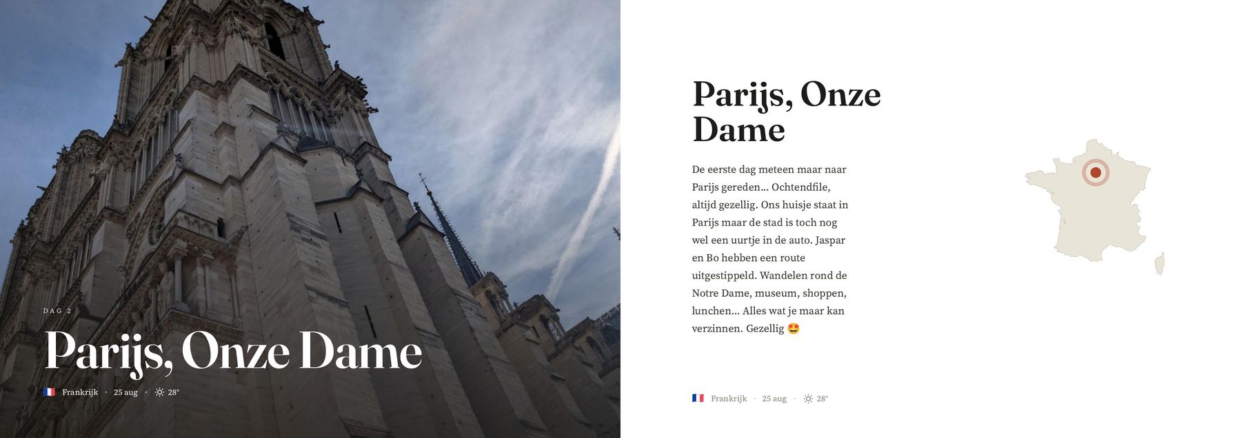 Opengeslagen boek: links de plaatsnaam Parijs, Onze Dame groot over een foto van de kathedraal, rechts het reisverhaal met een kaartje van Frankrijk
