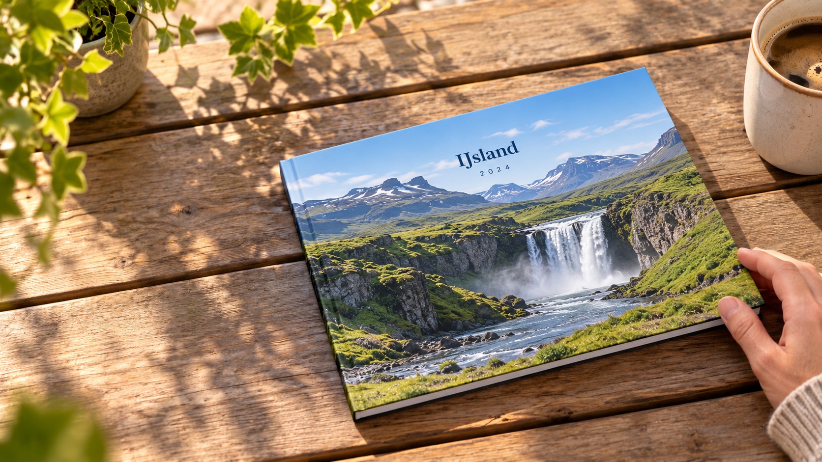 A4-fotoboek met een IJslandse waterval op de omslag, vastgehouden op een houten tafel