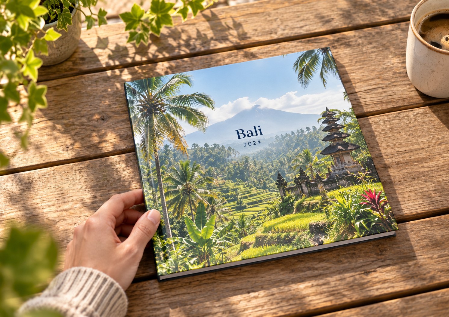 Vierkant fotoboek met een Balinees landschap op de omslag, vastgehouden op een houten tafel