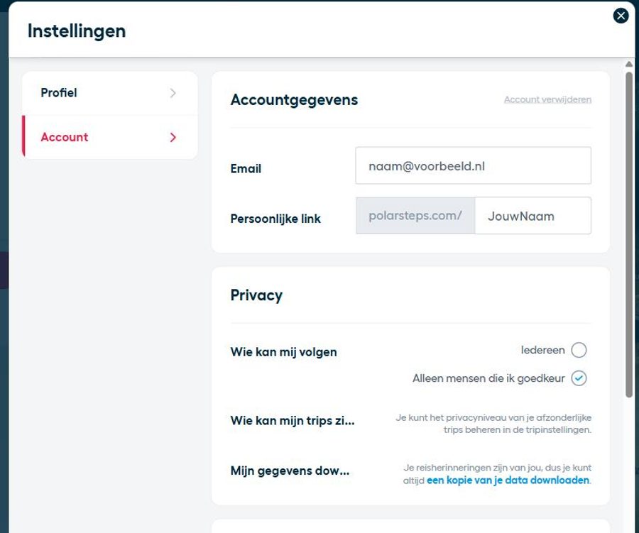 Het scherm Accountinstellingen bij Polarsteps, met de blokken Accountgegevens en Privacy
