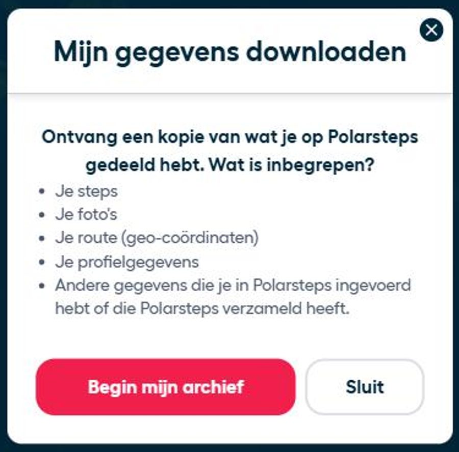 Het venster Mijn gegevens downloaden bij Polarsteps, met de knop om het archief te starten